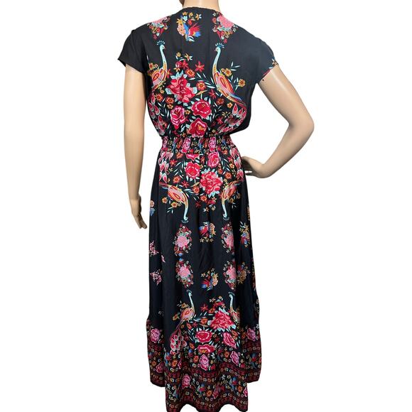 Women's Small Boho Peacock Floral V Neck Hi Low Ruffle Button Down Maxi Dress - Picture 10 of 16